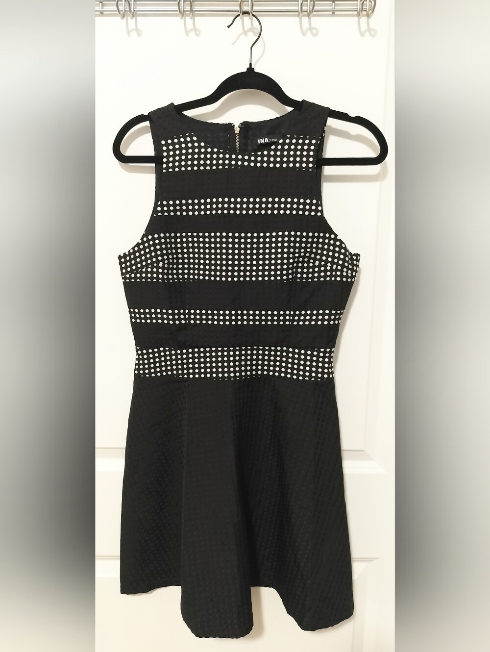 NWT INA Line Women's M Black White Polka Dot Fit & Flare Mini Dress Skater Retro